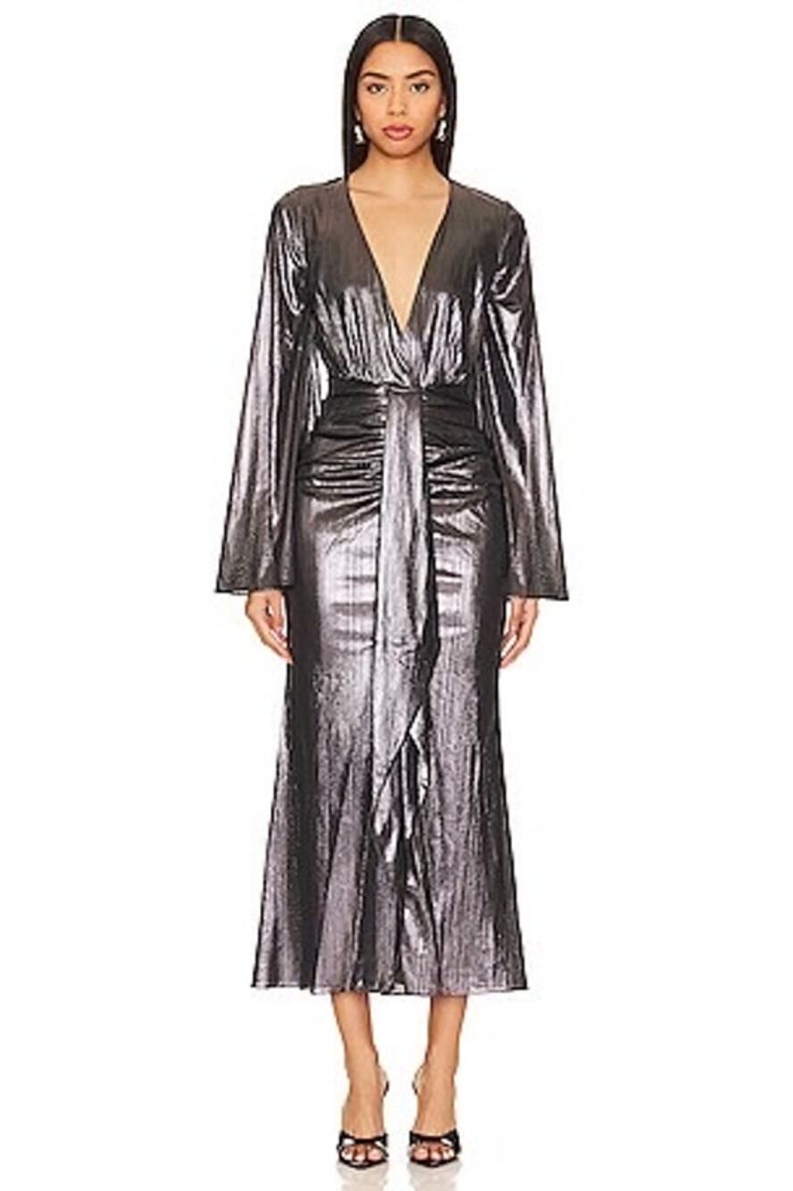 NWT Caroline Constas Gunmetal Silver Draped Style Metallic Shimmer Dress Large
